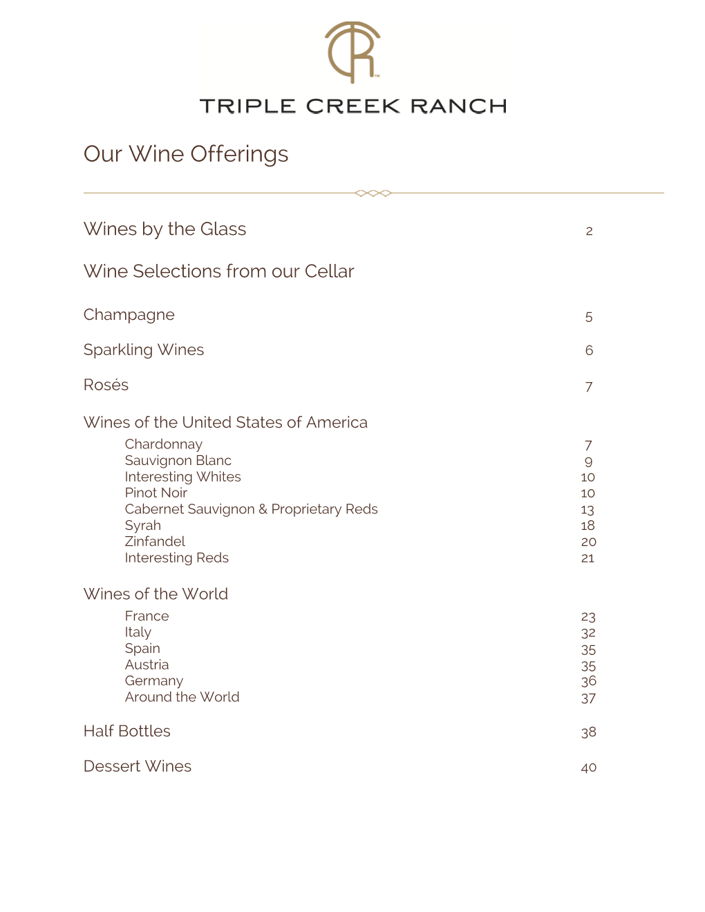 Triple Creek Ranch Wine List