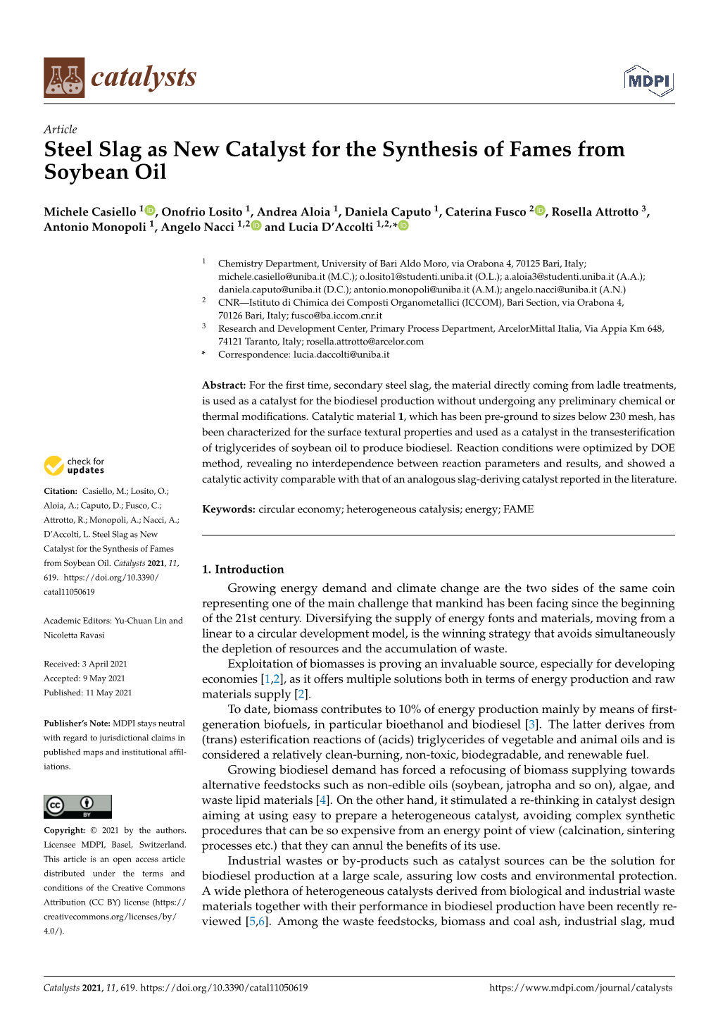 Steel Slag As New Catalyst for the Synthesis of Fames from Soybean Oil