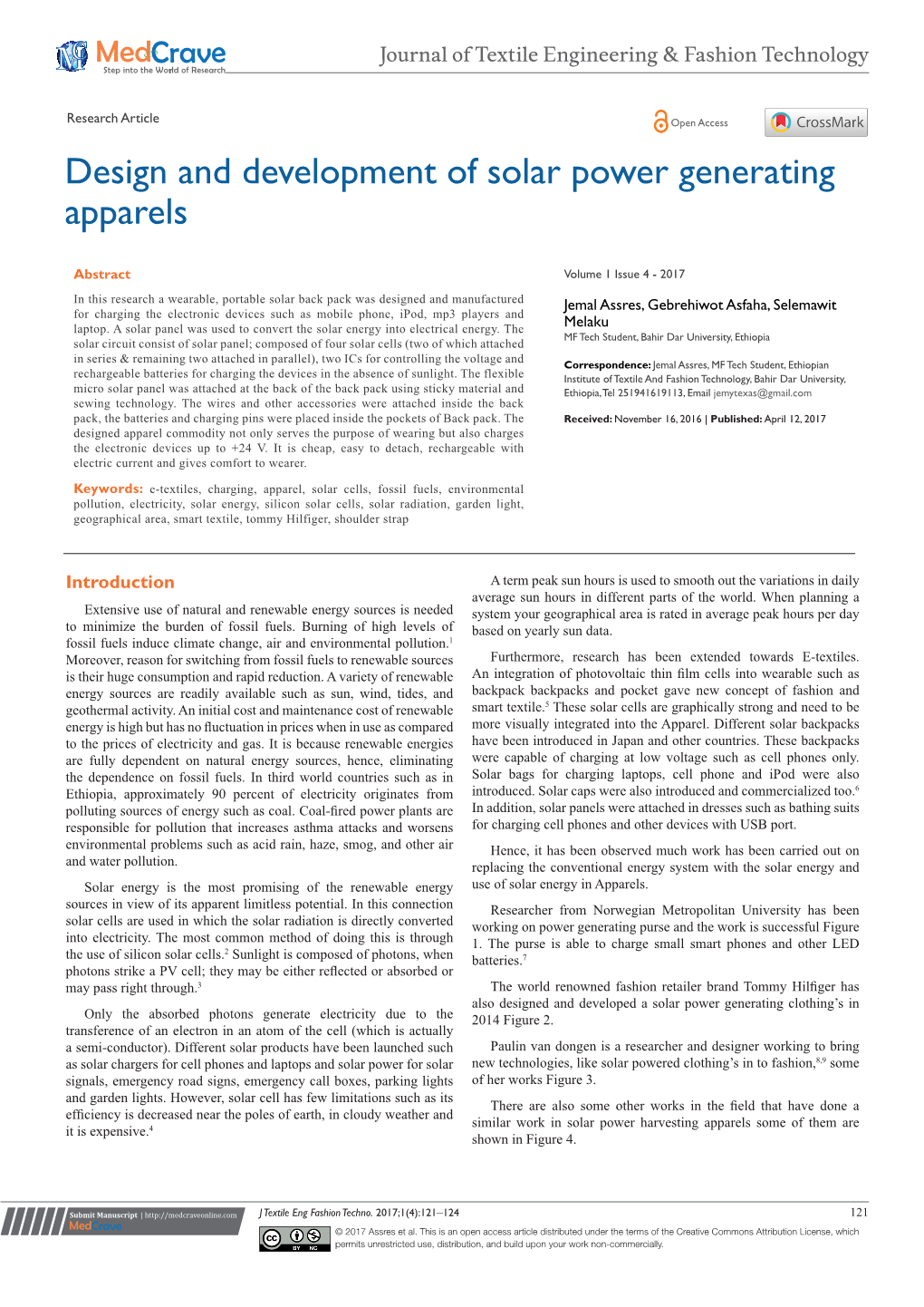 Design and Development of Solar Power Generating Apparels