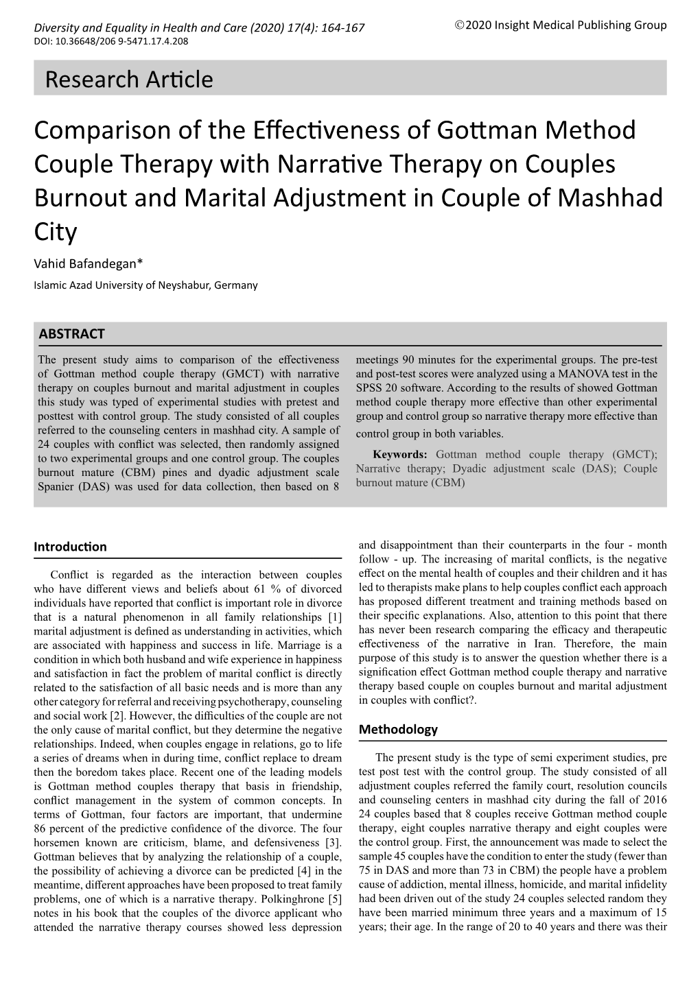 Comparison of the Effectiveness of Gottman Method Couple Therapy