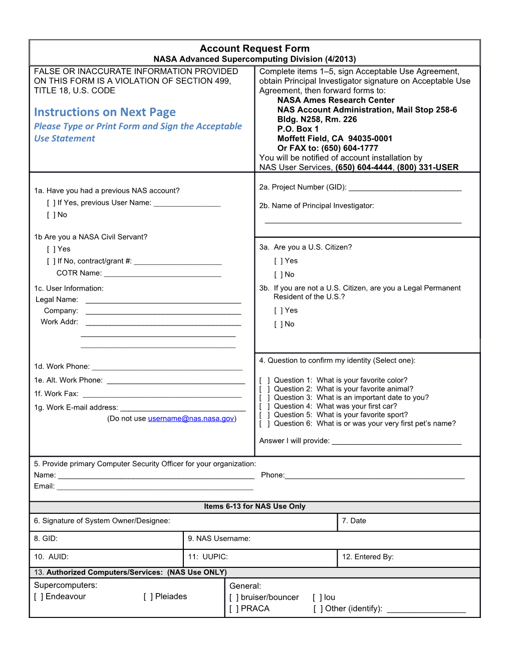 Please Type Or Print Form and Sign the Acceptable Use Statement