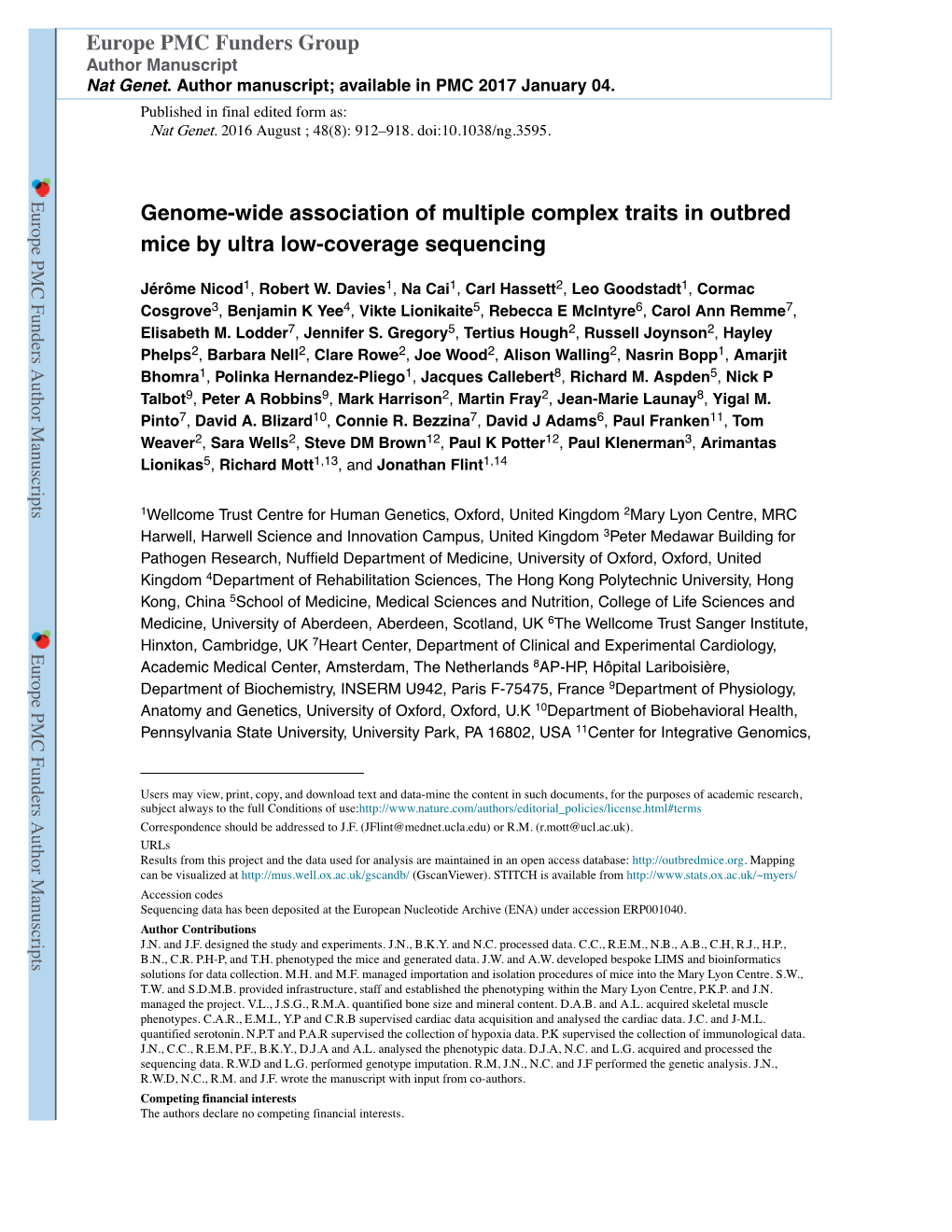 Genome-Wide Association of Multiple Complex Traits in Outbred Mice by Ultra Low-Coverage Sequencing