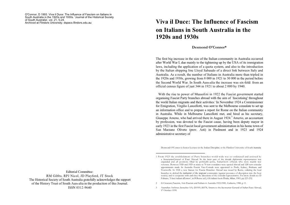 Viva Il Duce: the Influence of Fascism on Italians in South Australia in the 1920S and 1930S