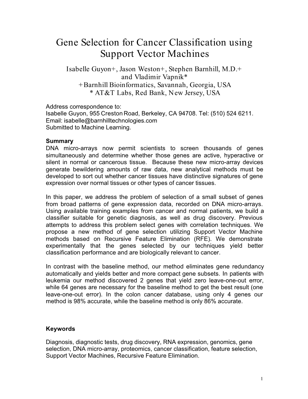 Gene Selection for Cancer Classification Using Support Vector Machines