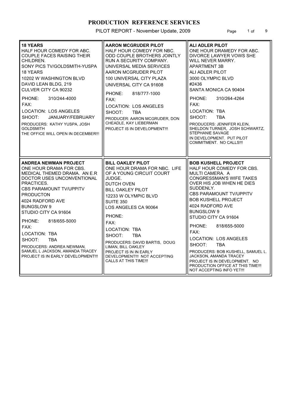 PRODUCTION REFERENCE SERVICES PILOT REPORT - November Update, 2009 Page 1 of 9