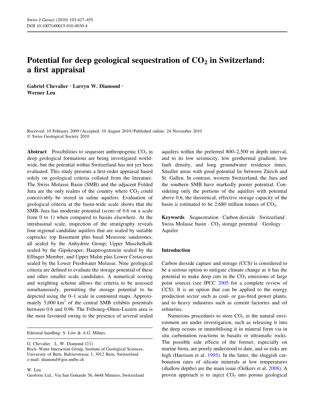 Potential for Deep Geological Sequestration of CO2 in Switzerland: a ﬁrst Appraisal