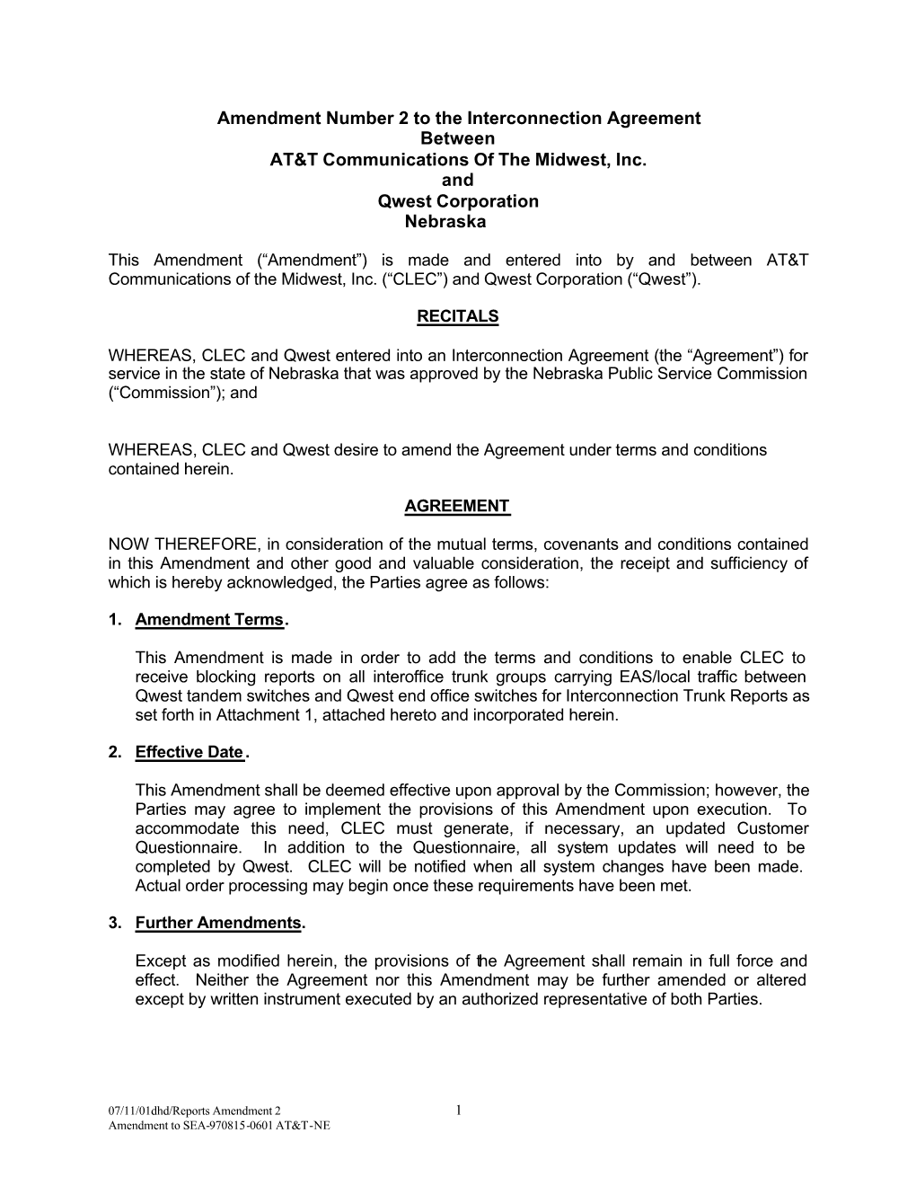 Amendment Number 2 to the Interconnection Agreement Between AT&T Communications of the Midwest, Inc