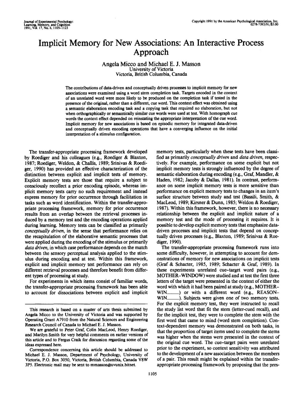 Implicit Memory for New Associations: an Interactive Process Approach Angela Micco and Michael E