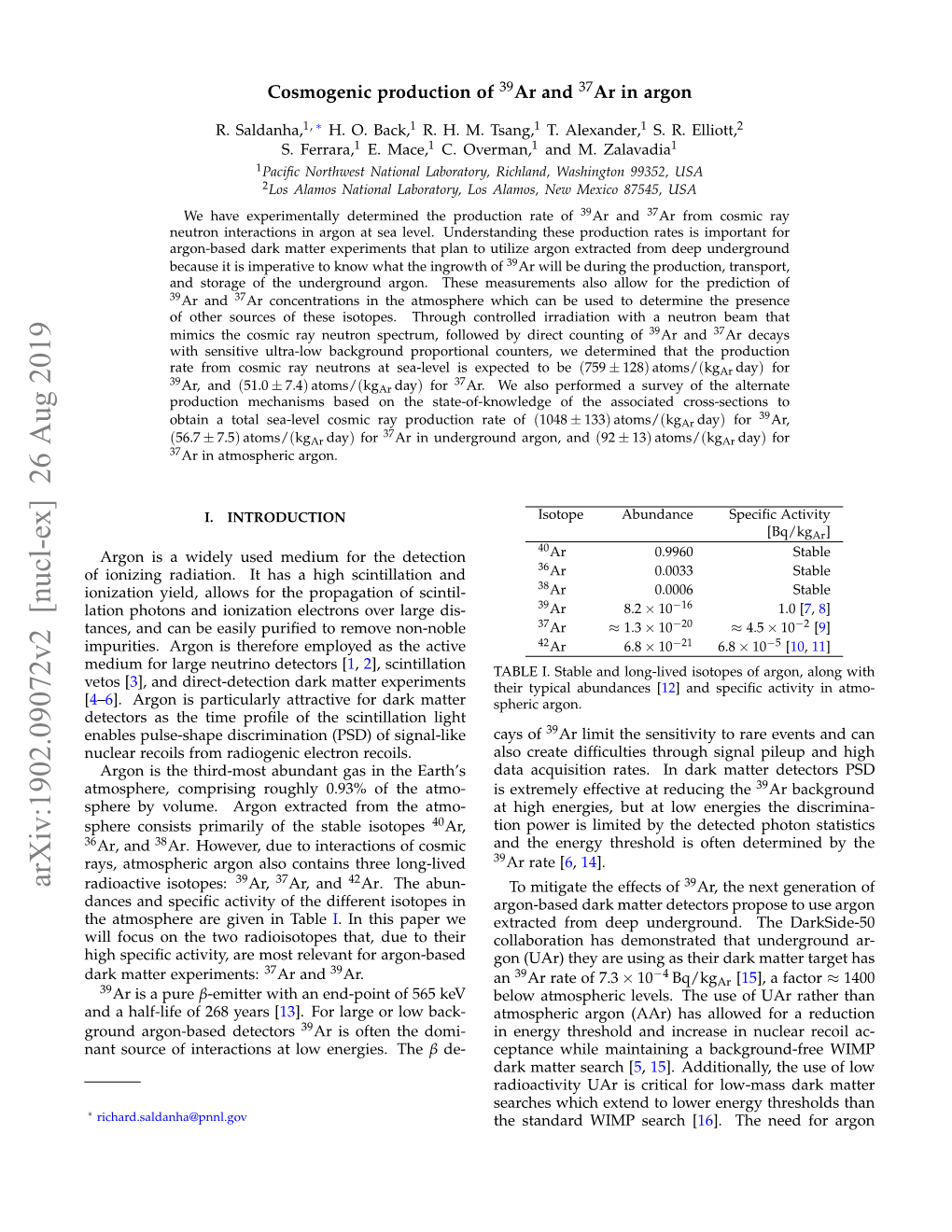 Arxiv:1902.09072V2 [Nucl-Ex] 26 Aug 2019 Radioactive Isotopes: Ar, Ar, and Ar