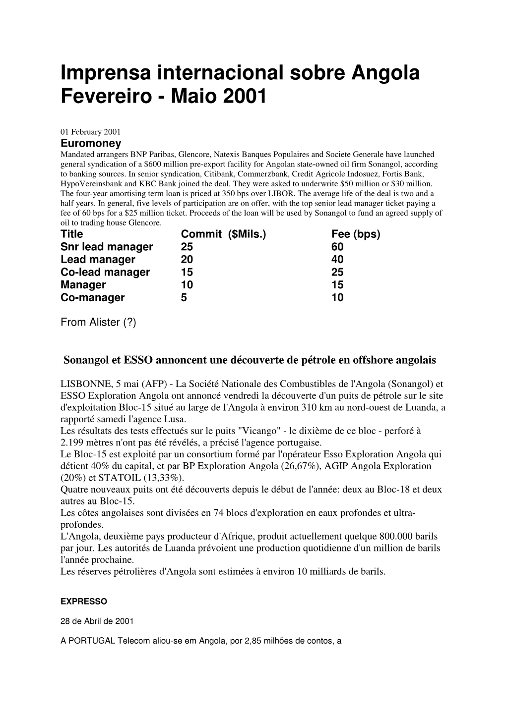 Imprensa Internacional Sobre Angola Fevereiro - Maio 2001