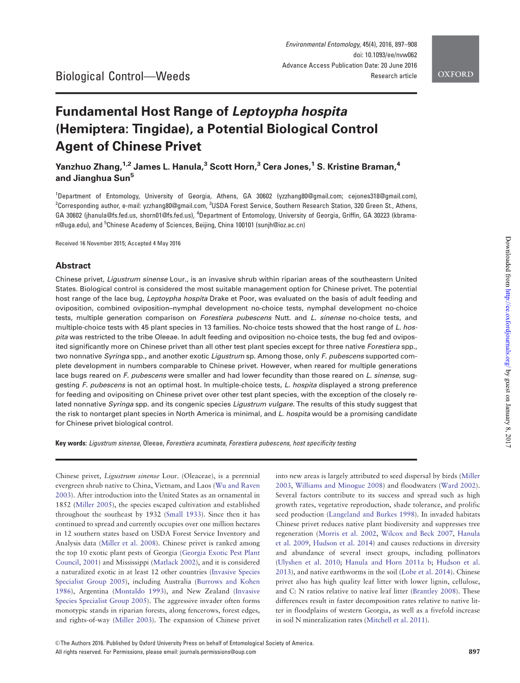 Fundamental Host Range of Leptoypha Hospita (Hemiptera: Tingidae), a Potential Biological Control Agent of Chinese Privet