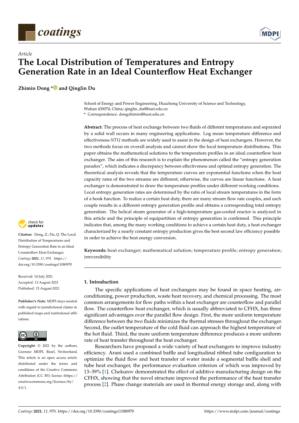 The Local Distribution of Temperatures and Entropy Generation Rate in an Ideal Counterﬂow Heat Exchanger