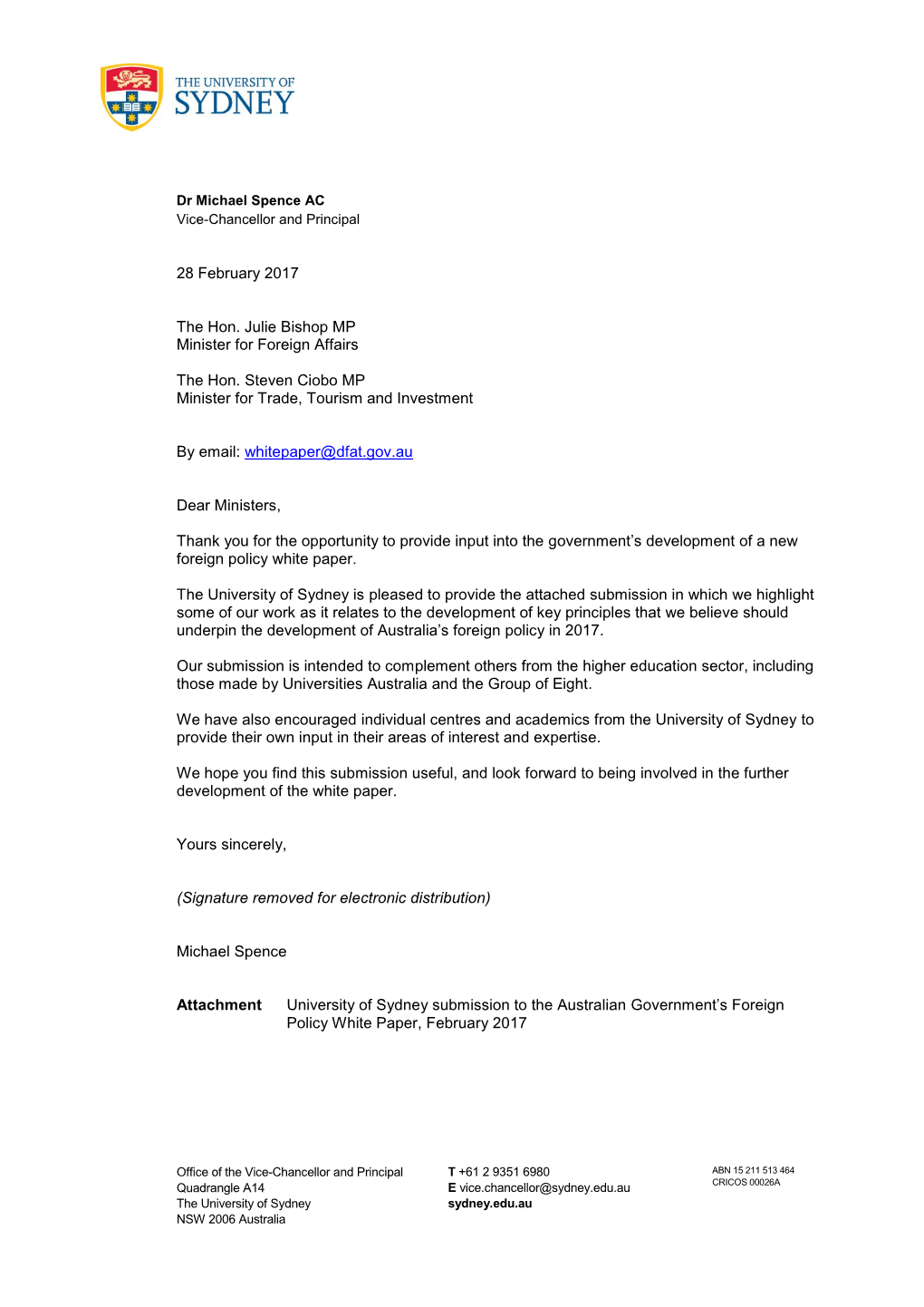 VC Spence to Julie Bishop and Steve Ciobo