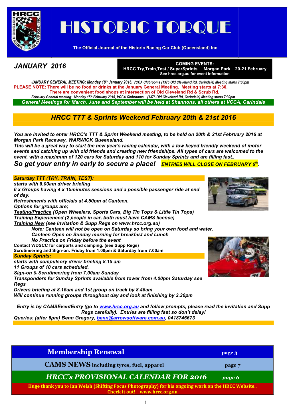 JANUARY 2016 HRCC TTT & Sprints Weekend February 20Th