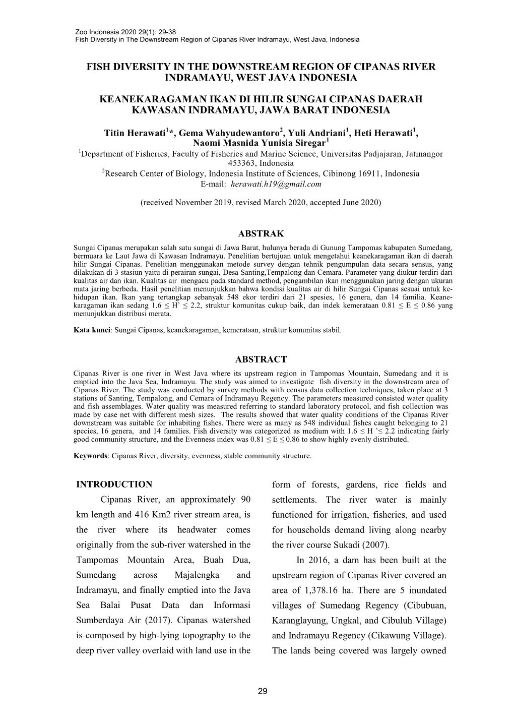 Fish Diversity in the Downstream Region of Cipanas River Indramayu, West Java, Indonesia