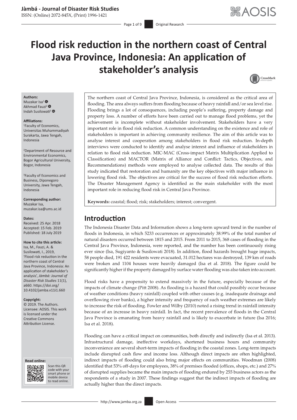 Flood Risk Reduction in the Northern Coast of Central Java Province, Indonesia: an Application of Stakeholder’S Analysis