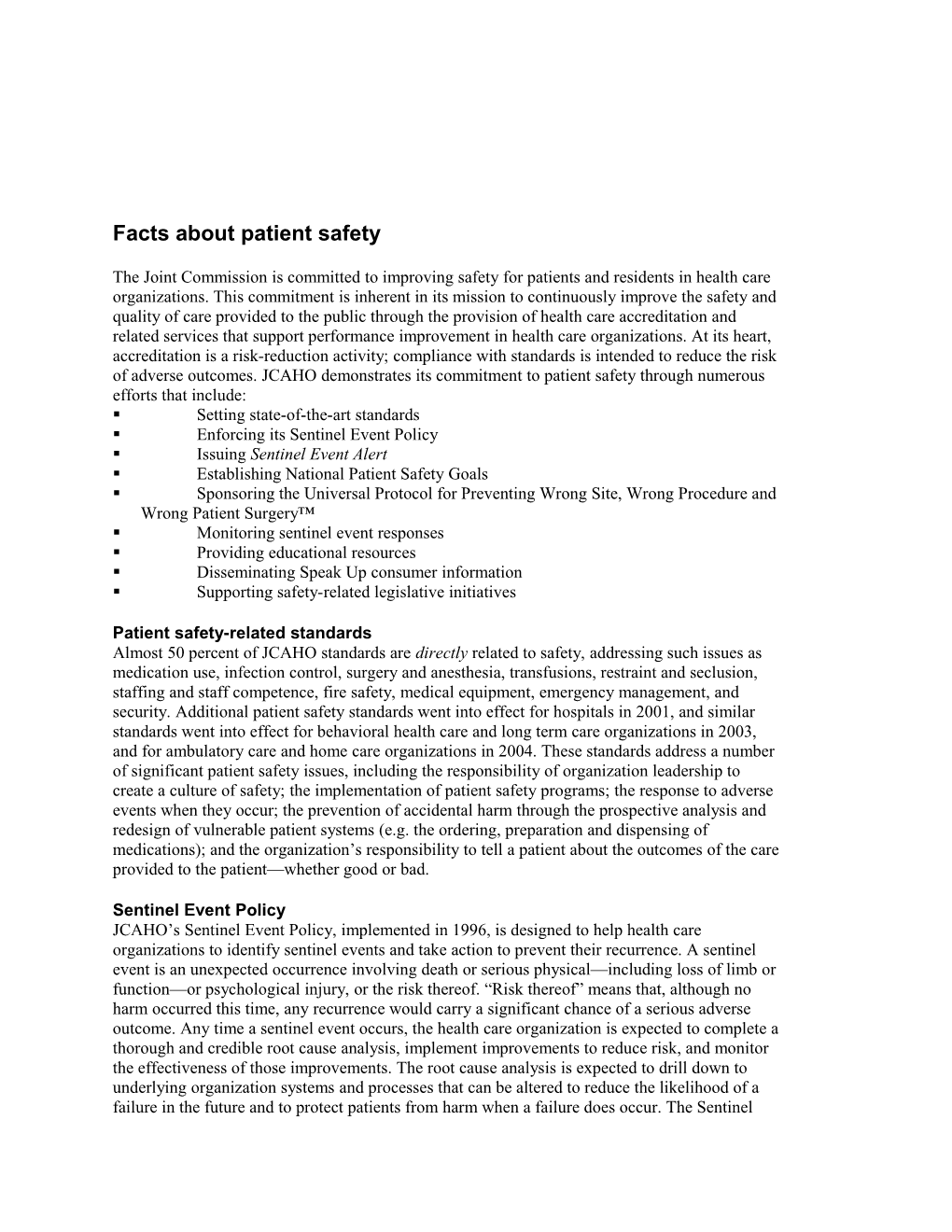 Facts About Patient Safety