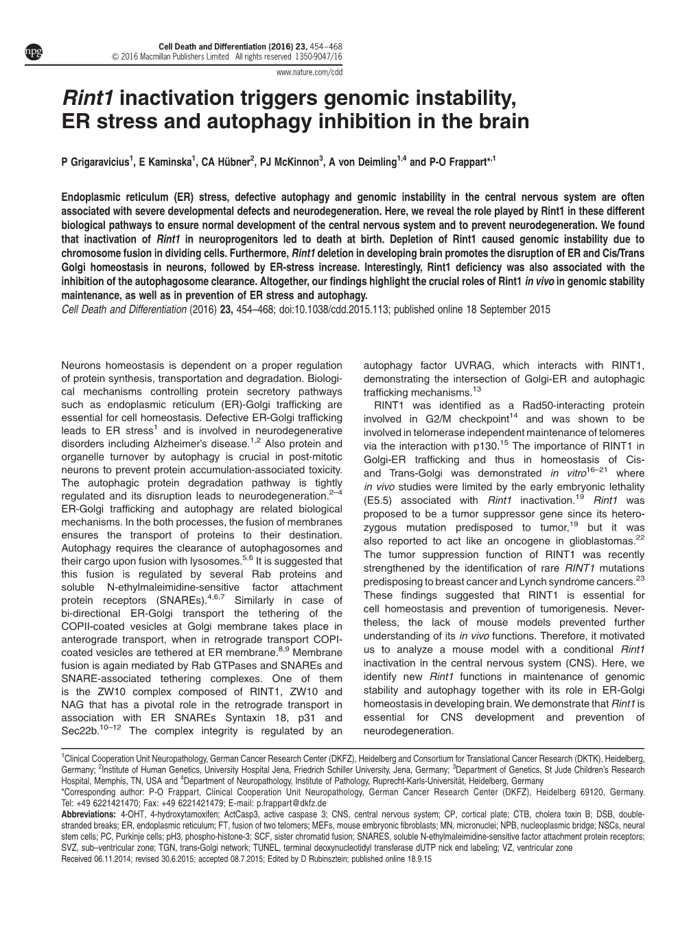 Rint1 Inactivation Triggers Genomic Instability, ER Stress and Autophagy Inhibition in the Brain