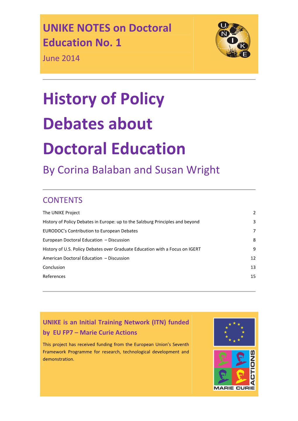 History of Policy Debates About Doctoral Education by Corina Balaban and Susan Wright