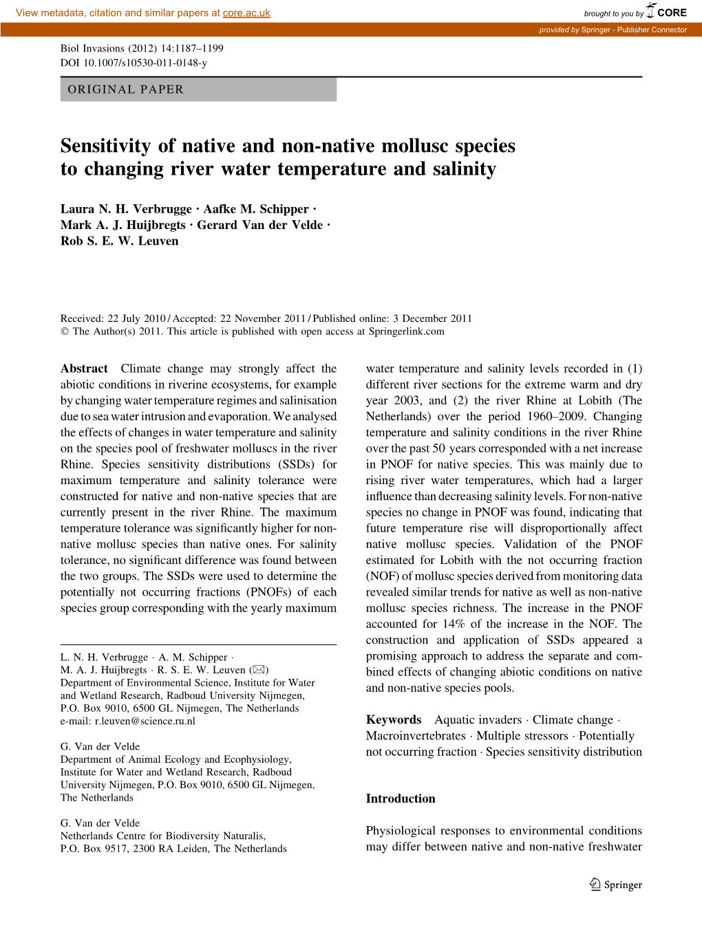 Sensitivity of Native and Non-Native Mollusc Species to Changing River Water Temperature and Salinity