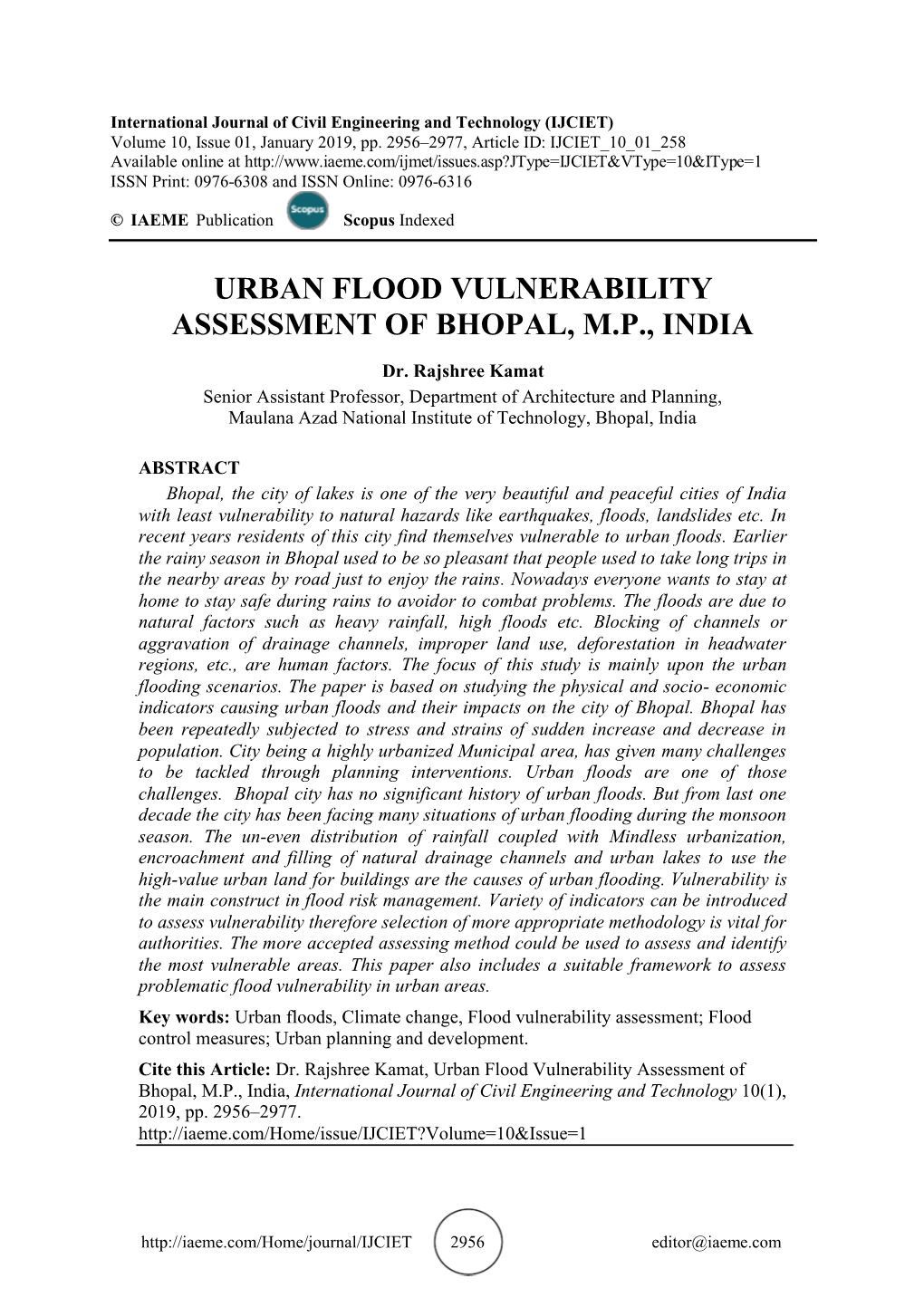 Urban Flood Vulnerability Assessment of Bhopal, M.P., India