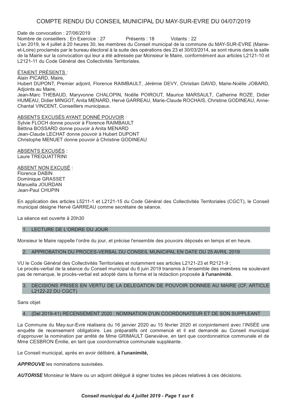 Compte Rendu Du Conseil Municipal Du May-Sur-Evre Du 04/07/2019