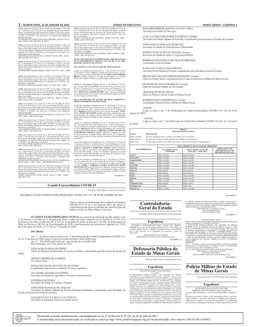 Quinta-Feira, 21 De Janeiro De 2021 Diário Do Executivo Minas Gerais - Caderno 1 Coloca, Nos Termos Do Art