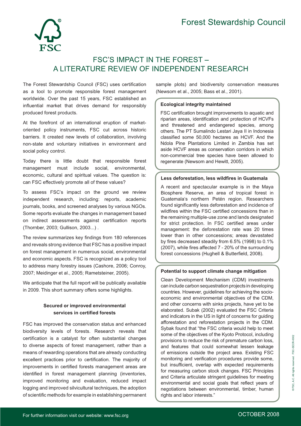 Fsc’S Impact in the Forest – a Literature Review of Independent Research