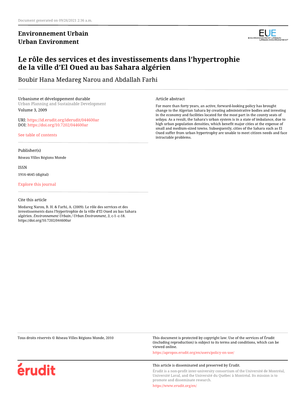 Le Rôle Des Services Et Des Investissements Dans L'hypertrophie De La Ville D'el Oued Au Bas Sahara Algérien