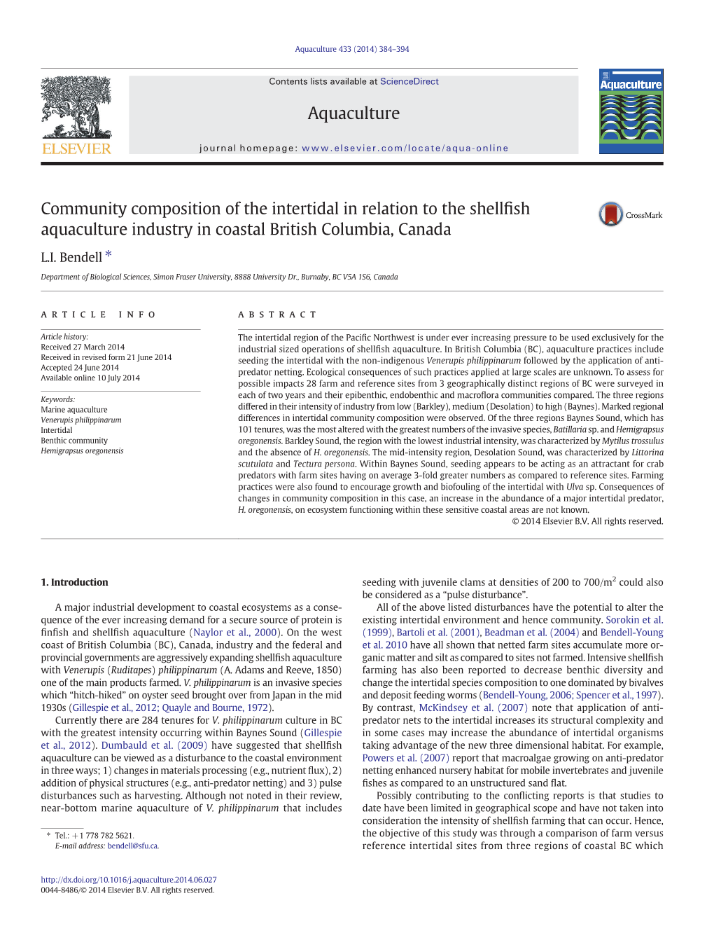 Community Composition of the Intertidal in Relation to the Shellfish Aquaculture Industry in Coastal British Columbia, Canada