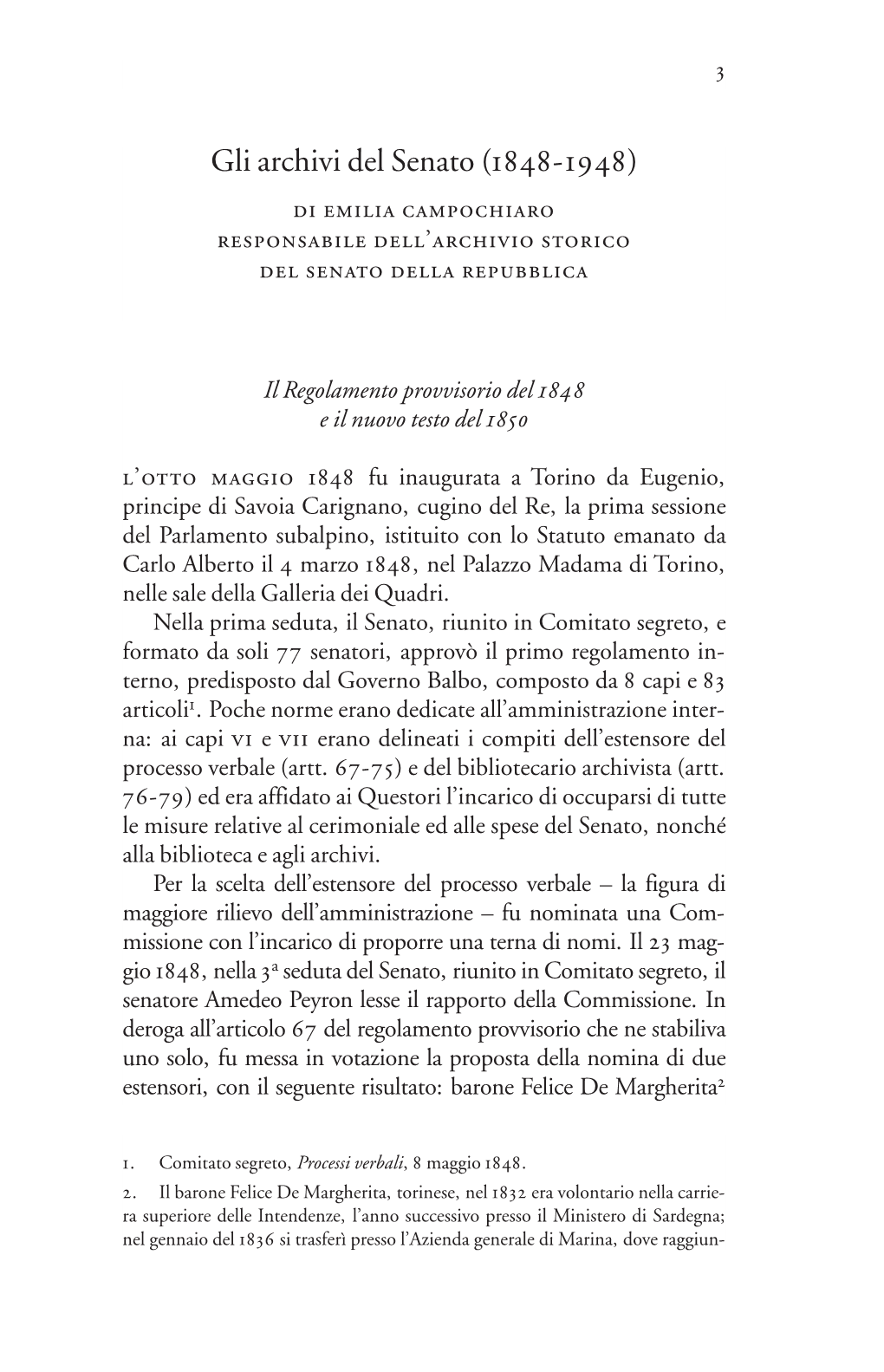 Gli Archivi Del Senato (1848-1948) Di Emilia Campochiaro Responsabile Dell’Archivio Storico Del Senato Della Repubblica