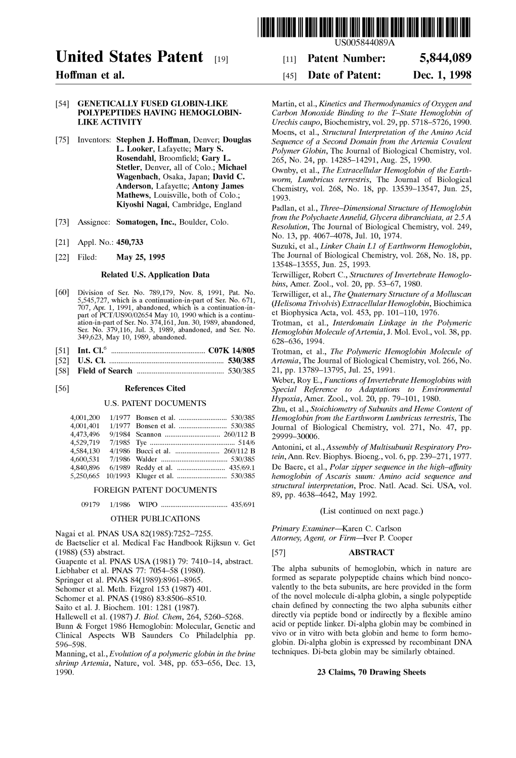United States Patent (19) 11 Patent Number: 5,844,089 Hoffman Et Al