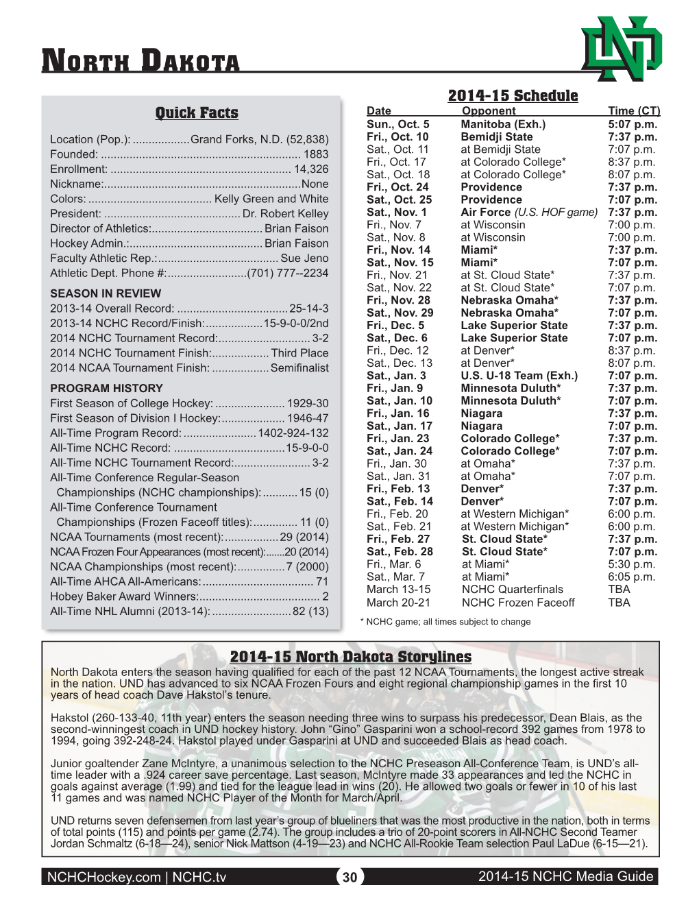 North Dakota 2014-15 Schedule Quick Facts Date Opponent Time (CT) Sun., Oct