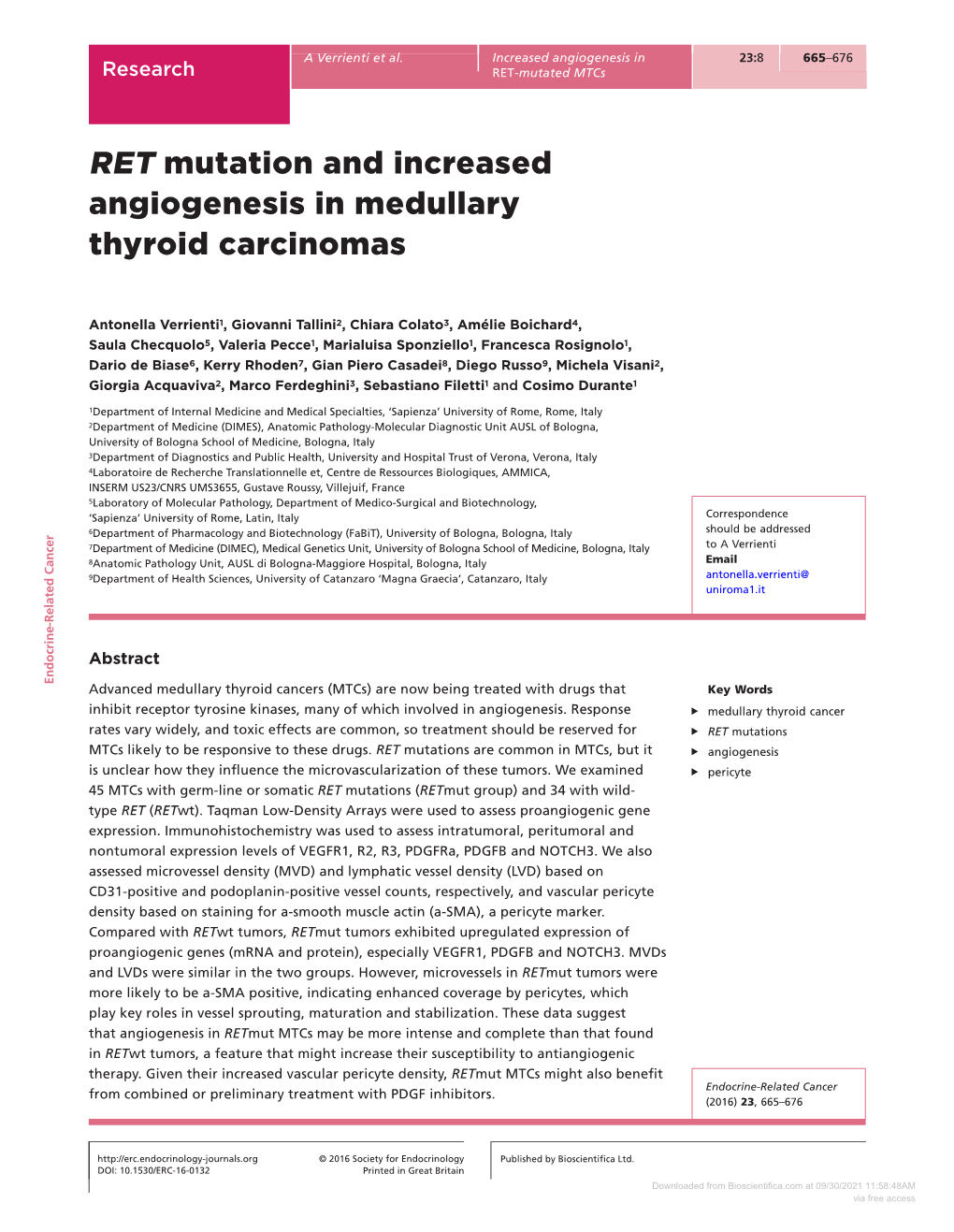 RET Mutation and Increased Angiogenesis in Medullary Thyroid Carcinomas