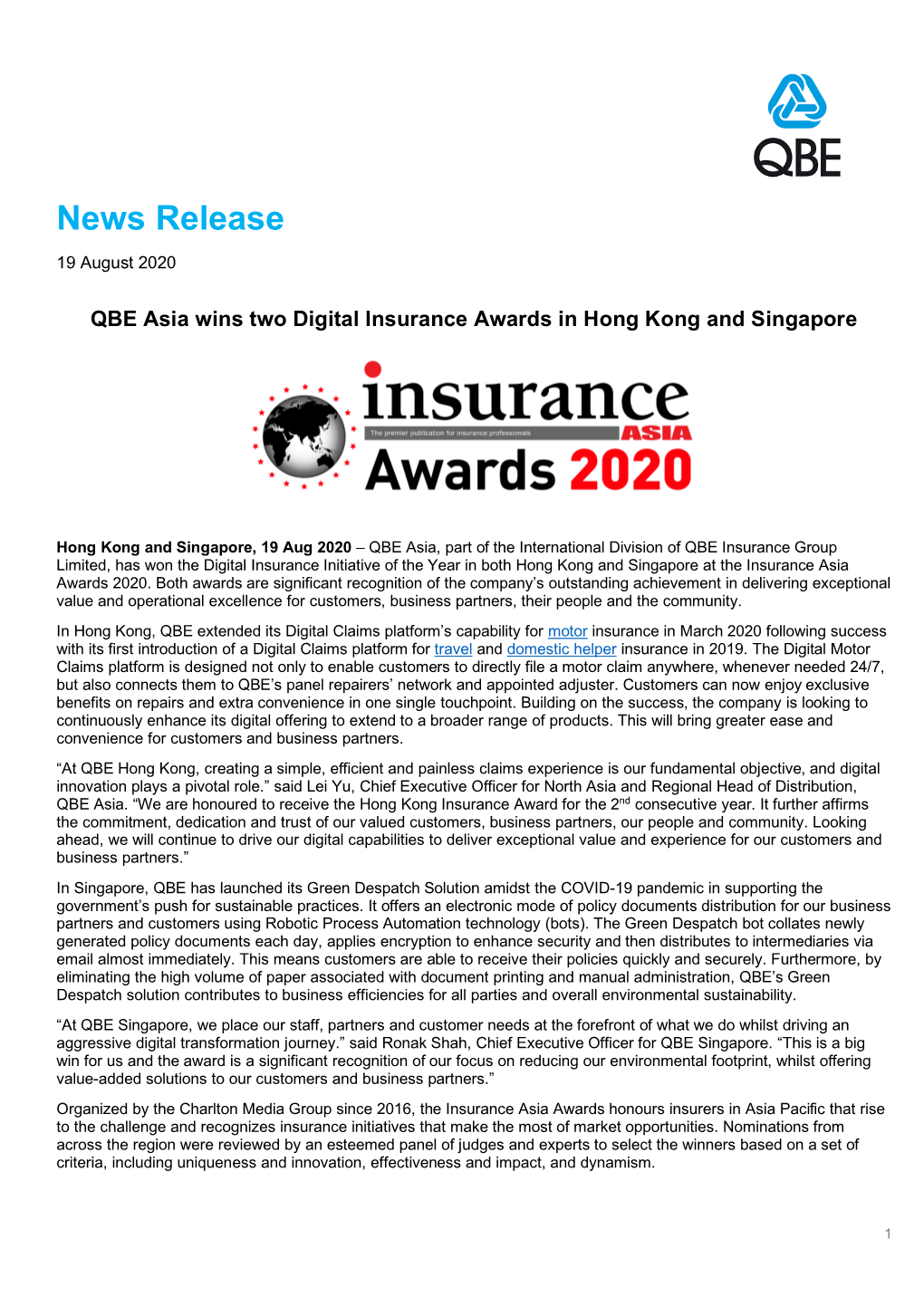 19 Aug 2020 QBE Asia Wins Two Digital Insurance Awards in Hong Kong and Singapore Created