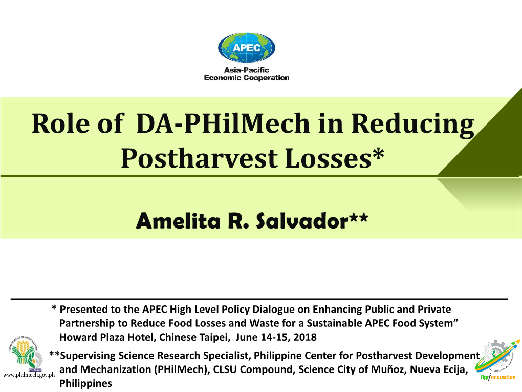 Role of DA-Philmech in Reducing Postharvest Losses*