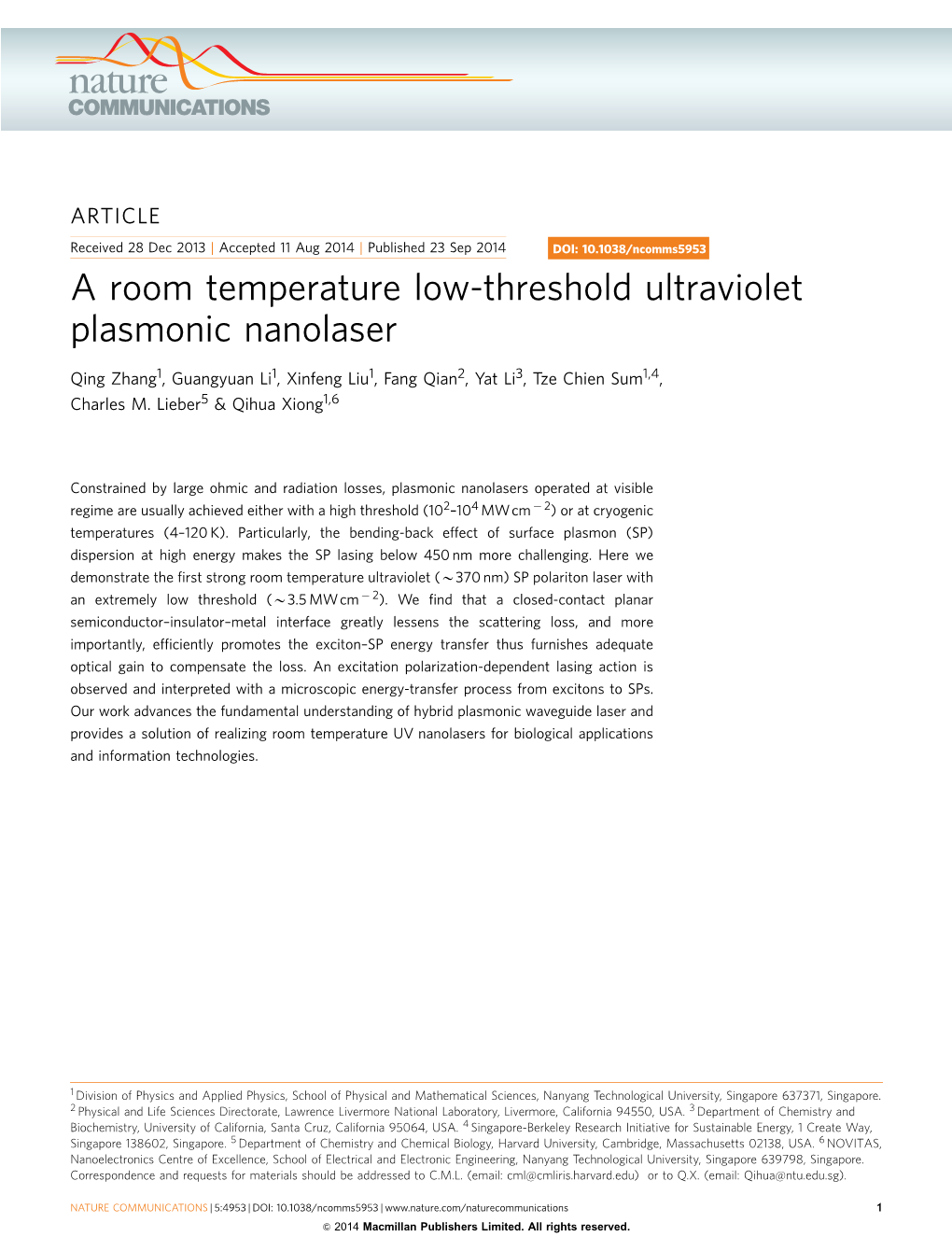 A Room Temperature Low-Threshold Ultraviolet Plasmonic Nanolaser