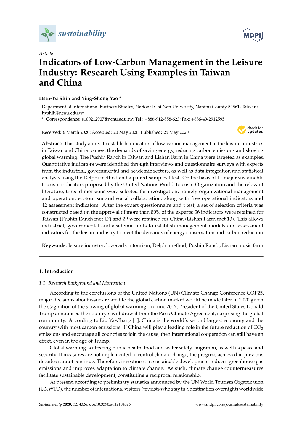 Indicators of Low-Carbon Management in the Leisure Industry: Research Using Examples in Taiwan and China