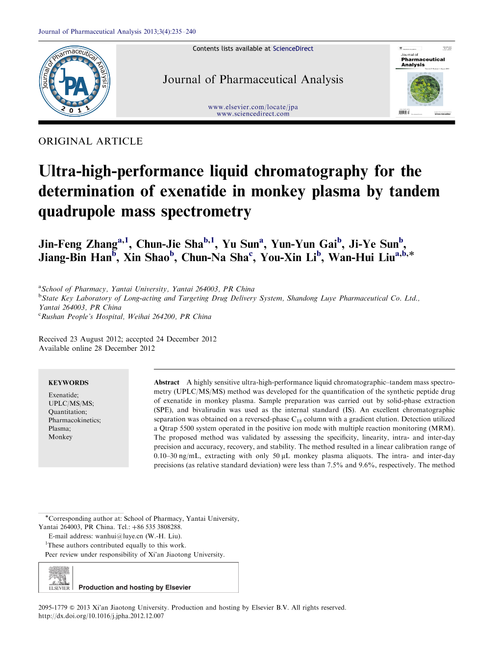 Ultra-High-Performance Liquid Chromatography for the Determination of Exenatide in Monkey Plasma by Tandem Quadrupole Mass Spectrometry