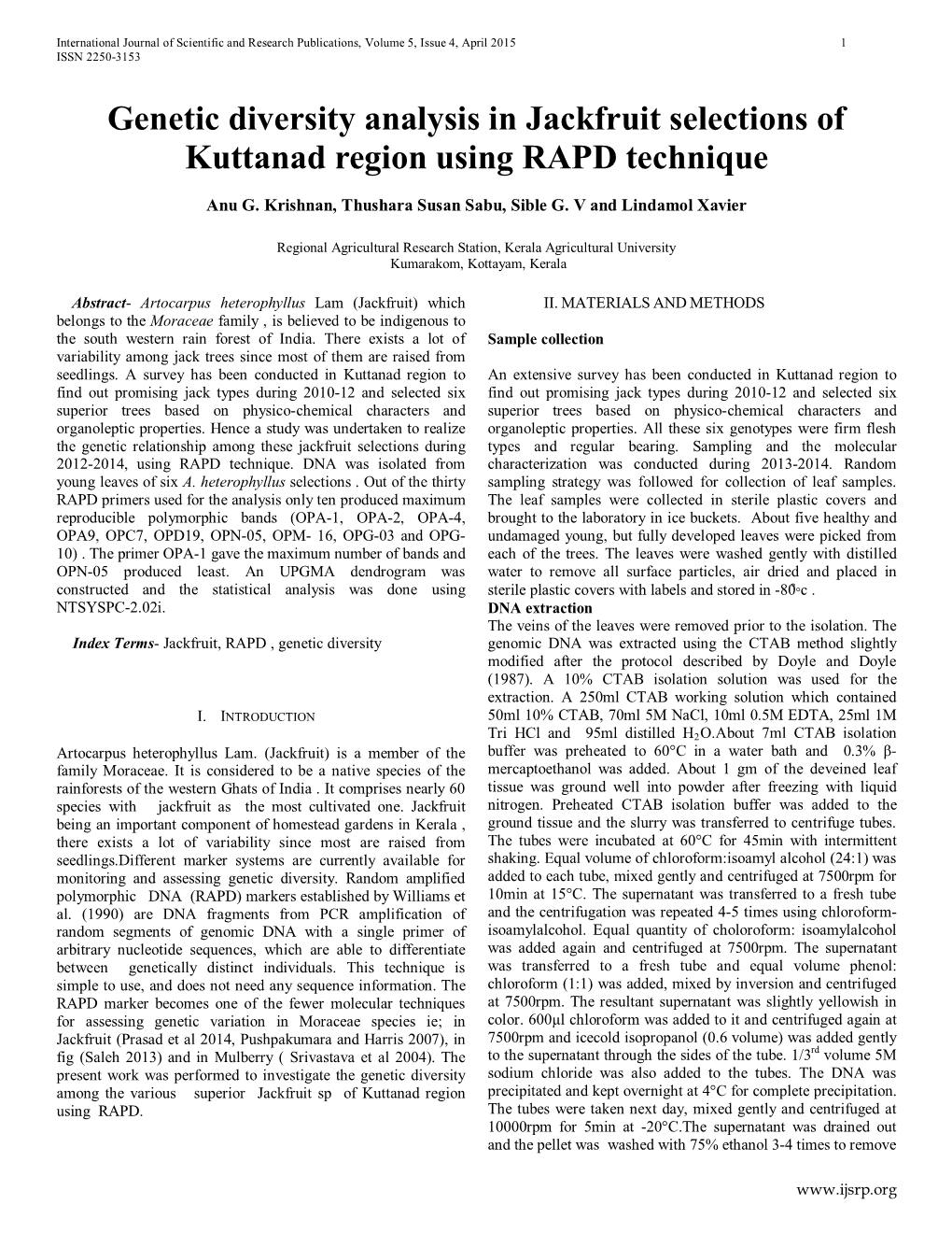 Genetic Diversity Analysis in Jackfruit Selections of Kuttanad Region Using RAPD Technique