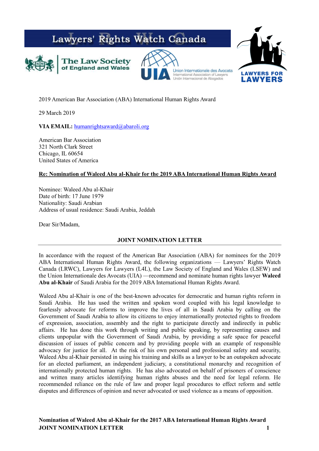 Nomination of Waleed Abu Al-Khair for the 2017 ABA International Human Rights Award JOINT NOMINATION LETTER 1