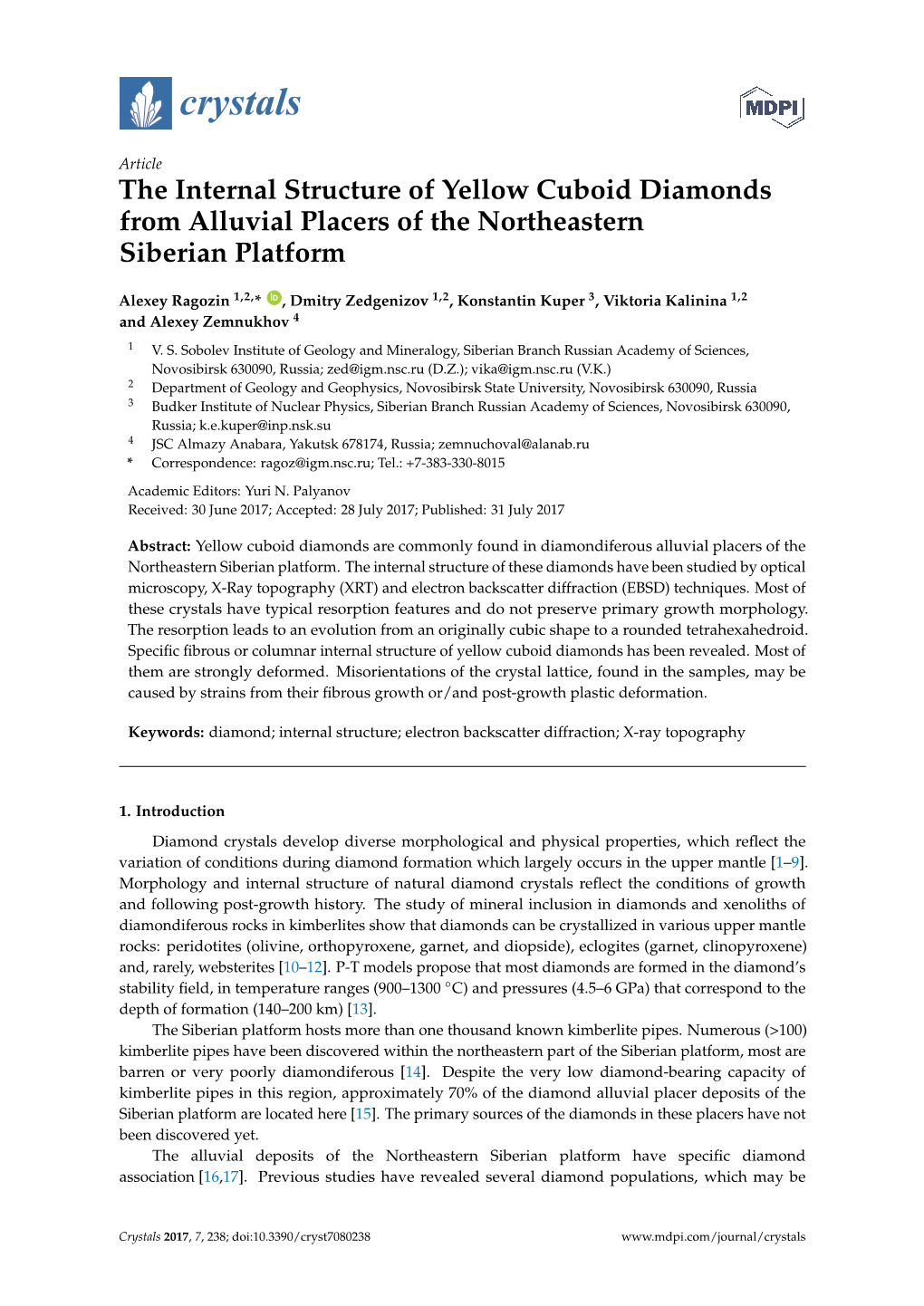 The Internal Structure of Yellow Cuboid Diamonds from Alluvial Placers of the Northeastern Siberian Platform