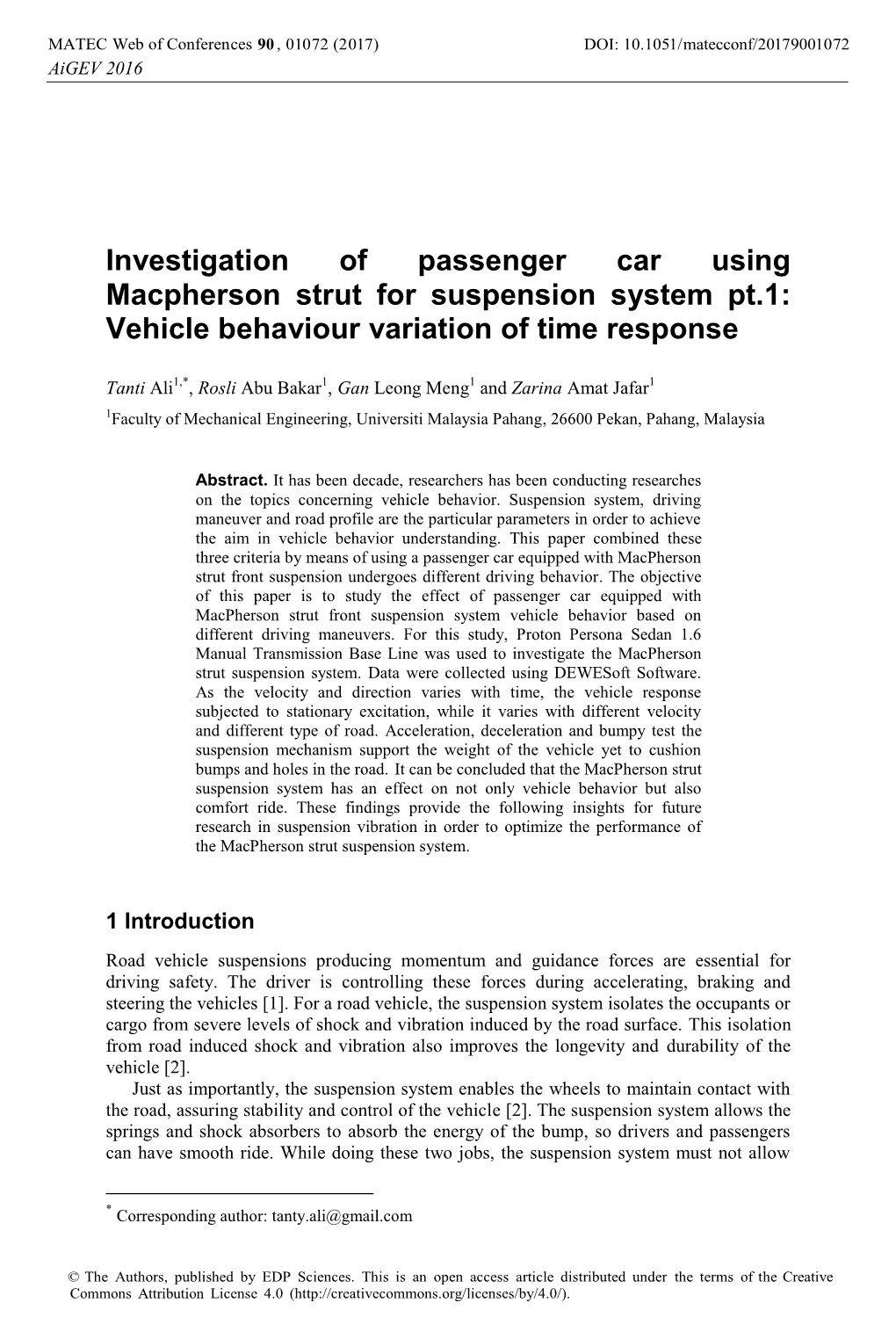 Investigation of Passenger Car Using Macpherson Strut for Suspension System Pt.1: Vehicle Behaviour Variation of Time Response