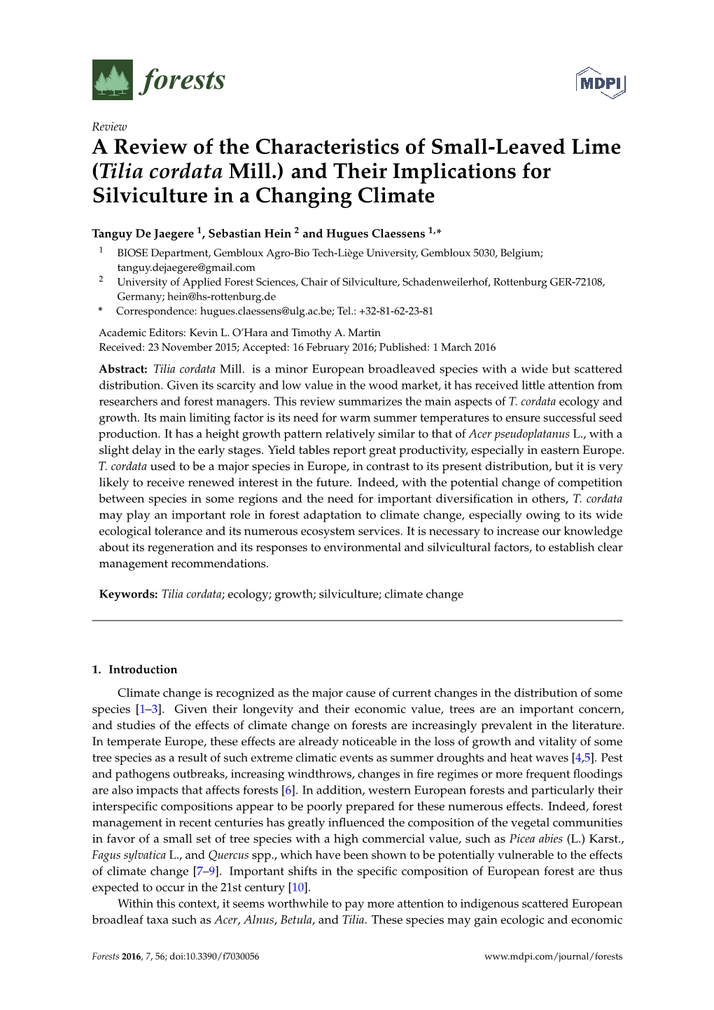 A Review of the Characteristics of Small-Leaved Lime (Tilia Cordata Mill.) and Their Implications for Silviculture in a Changing Climate