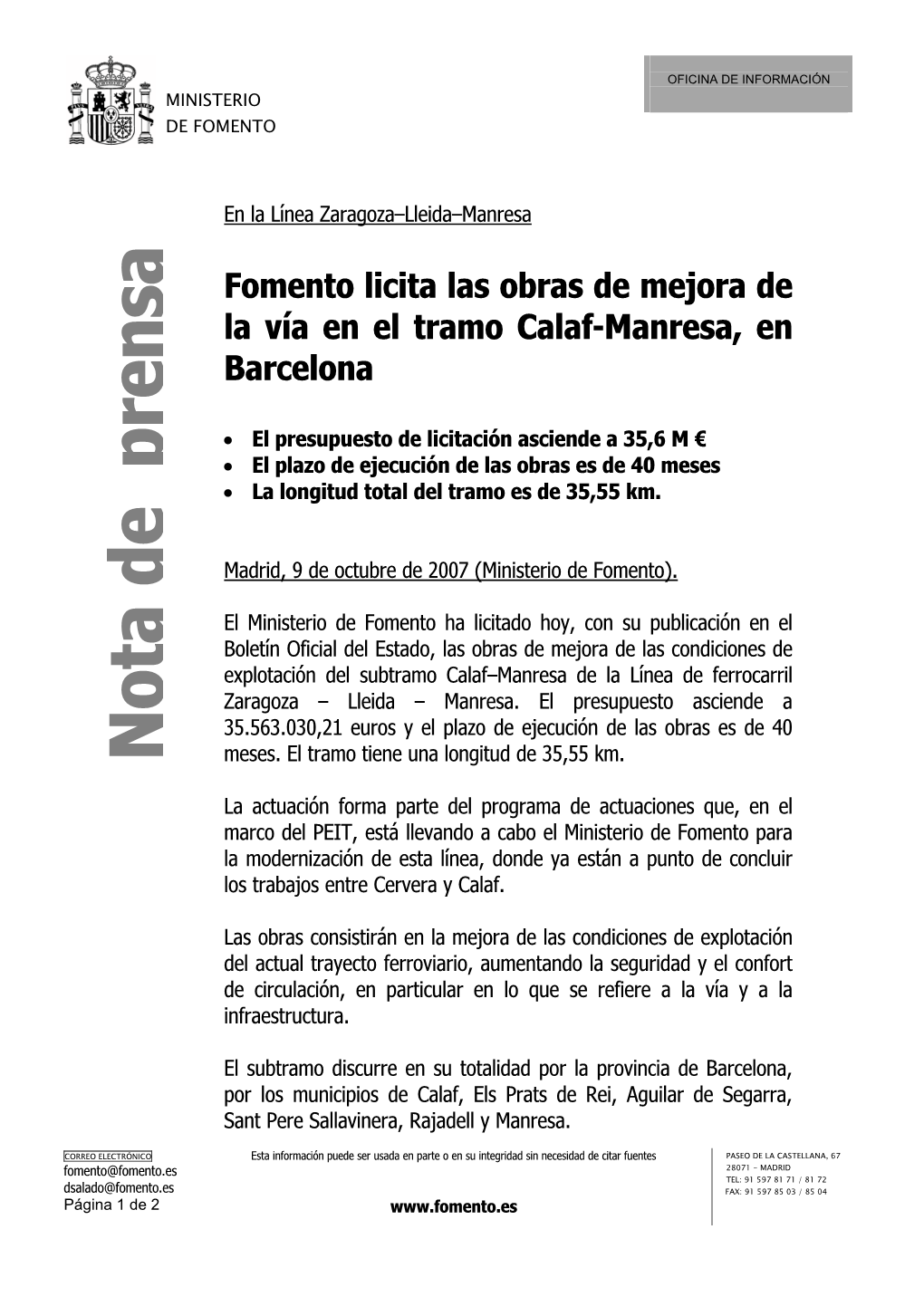 Fomento Licita Las Obras De Mejora De La Vía En El Tramo Calaf-Manresa, En Barcelona