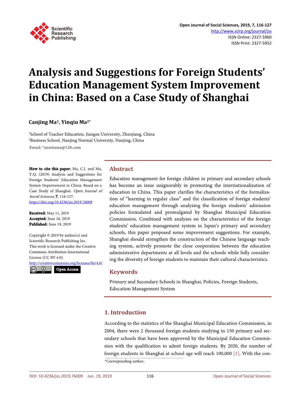 Analysis and Suggestions for Foreign Students’ Education Management System Improvement in China: Based on a Case Study of Shanghai