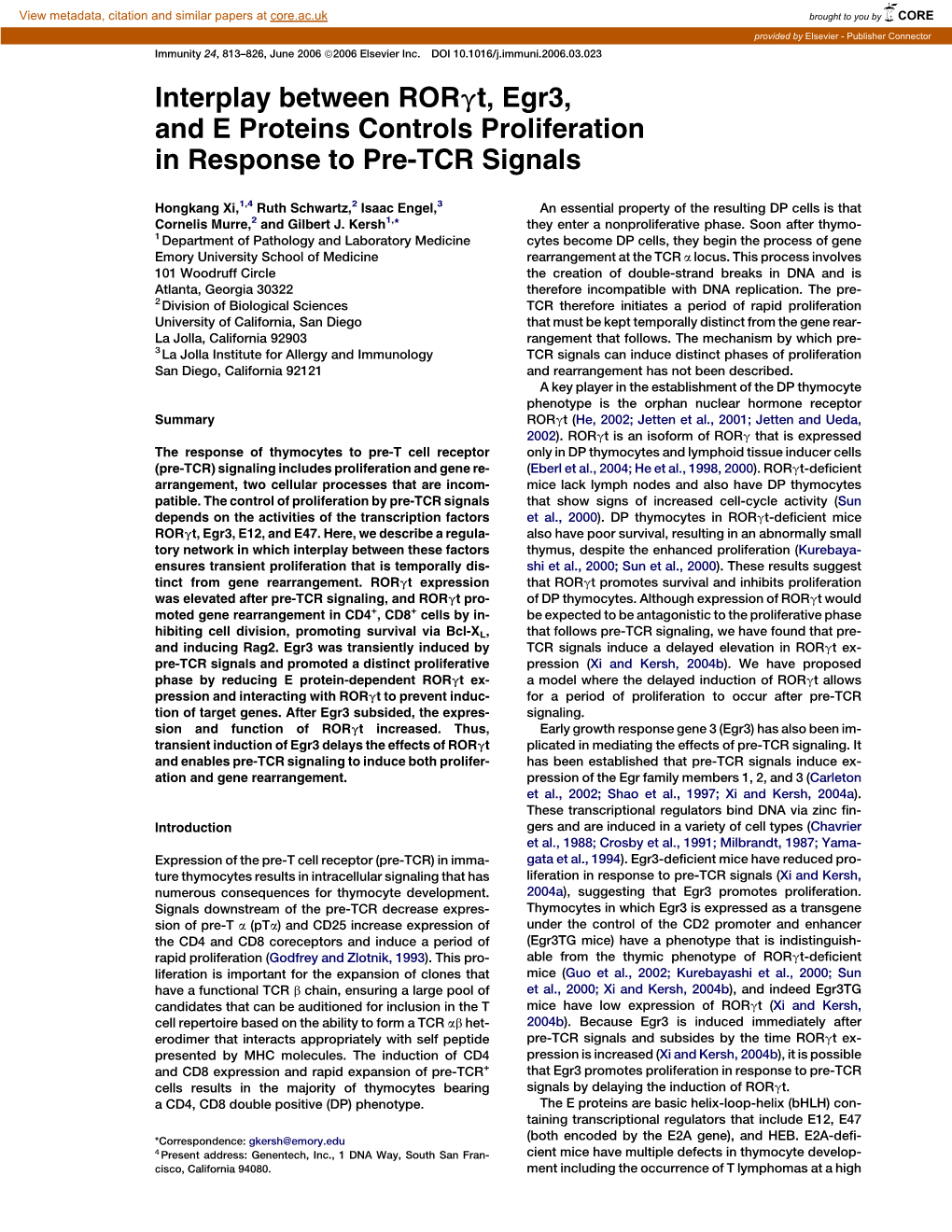 Interplay Between Rorgt, Egr3, and E Proteins Controls Proliferation in Response to Pre-TCR Signals