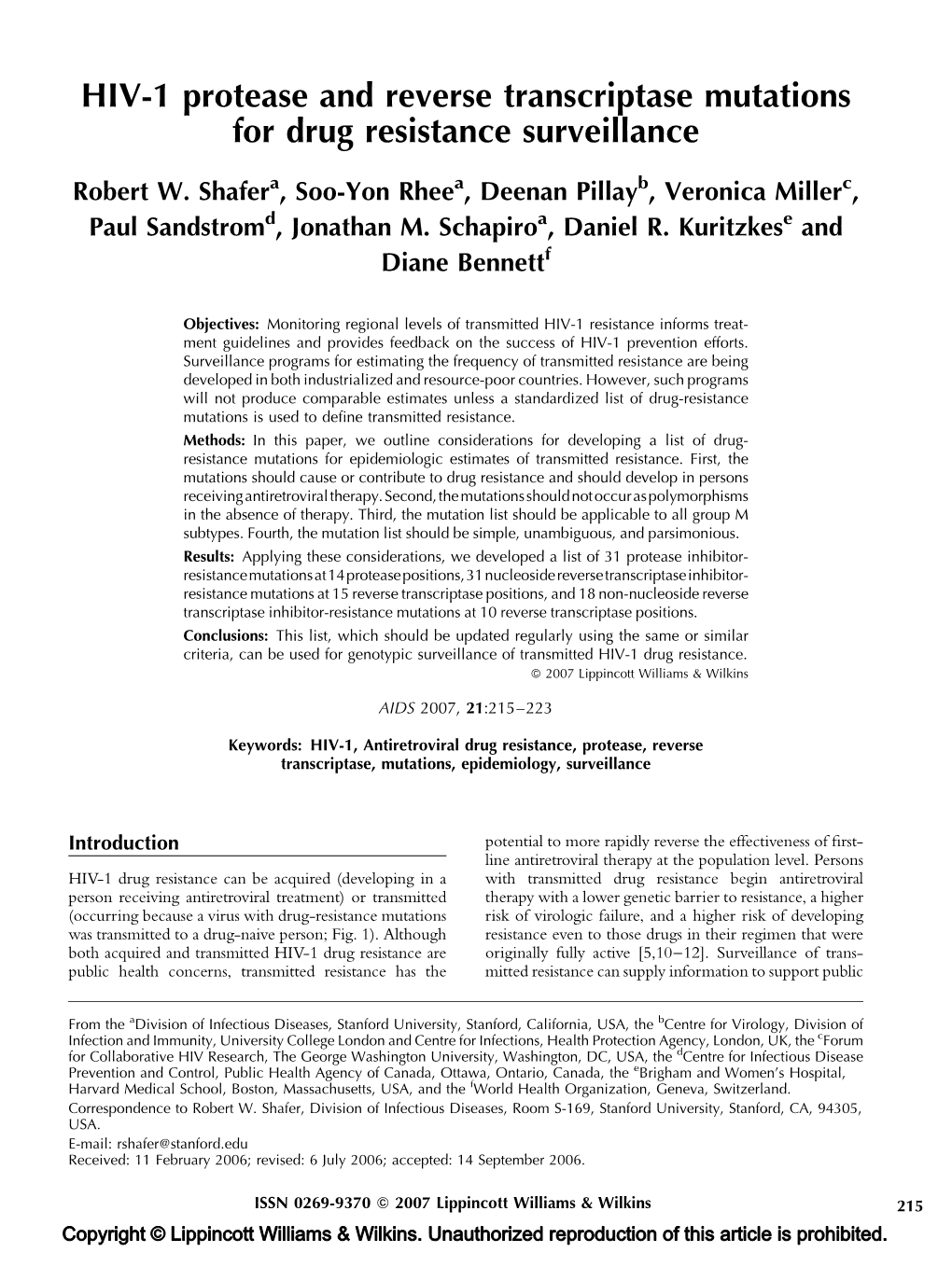 HIV-1 Protease and Reverse Transcriptase Mutations for Drug Resistance Surveillance