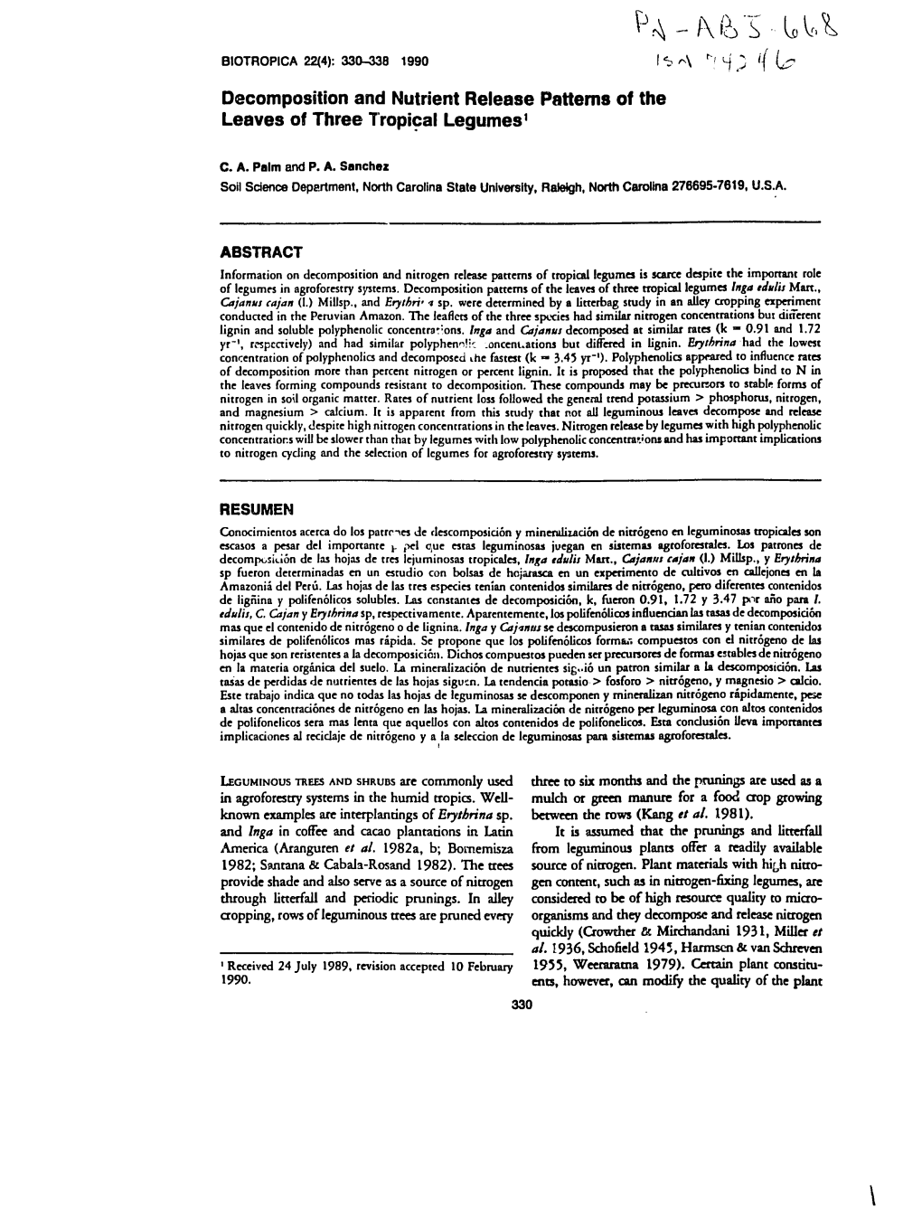 If Decomposition and Nutrient Release Patterns of the Leaves of Three Tropical Legumes1