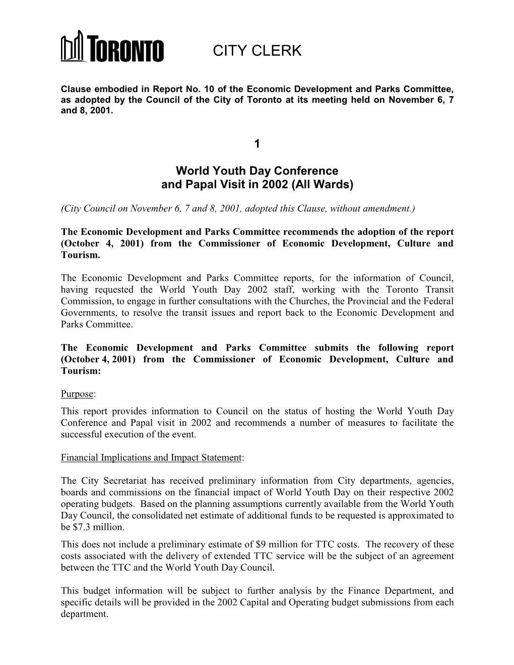 World Youth Day Conference and Papal Visit in 2002 (All Wards)